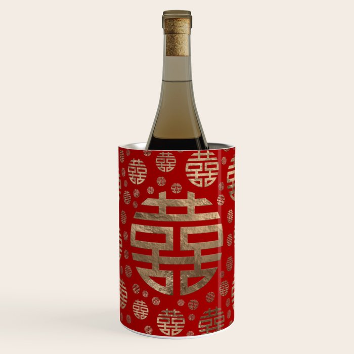 Double Happiness Symbol pattern - Gold on red Wine Chiller Gallery Image 1