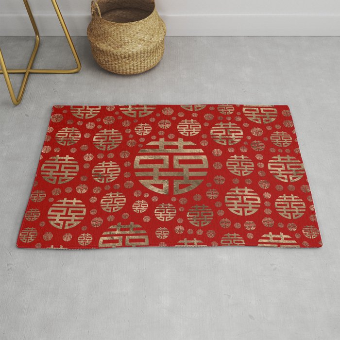 Double Happiness Symbol pattern - Gold on red Rug Gallery Image 1