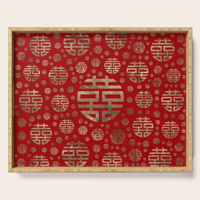 Double Happiness Symbol pattern - Gold on red Serving Tray Gallery Image 1