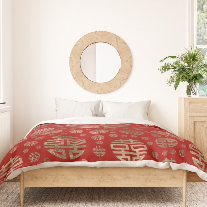 Double Happiness Symbol pattern - Gold on red Duvet Cover Gallery Image 3
