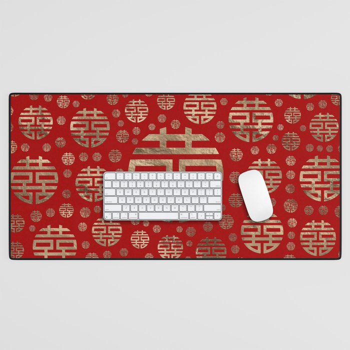 Double Happiness Symbol pattern - Gold on red Desk Mat Gallery Image 1