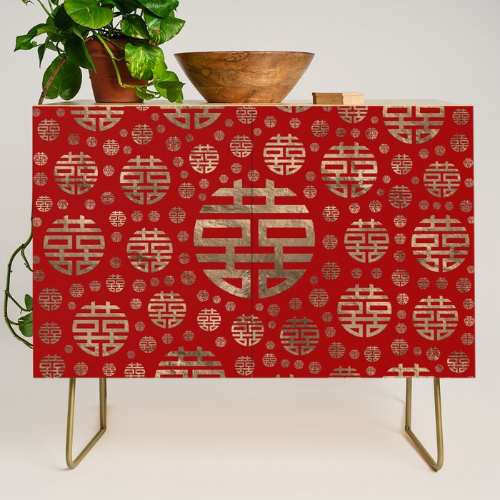 Double Happiness Symbol pattern - Gold on red Credenza Gallery Image 1