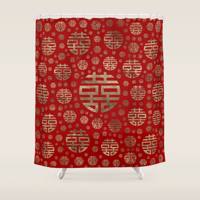 Double Happiness Symbol pattern - Gold on red Shower Curtain Gallery Image 1