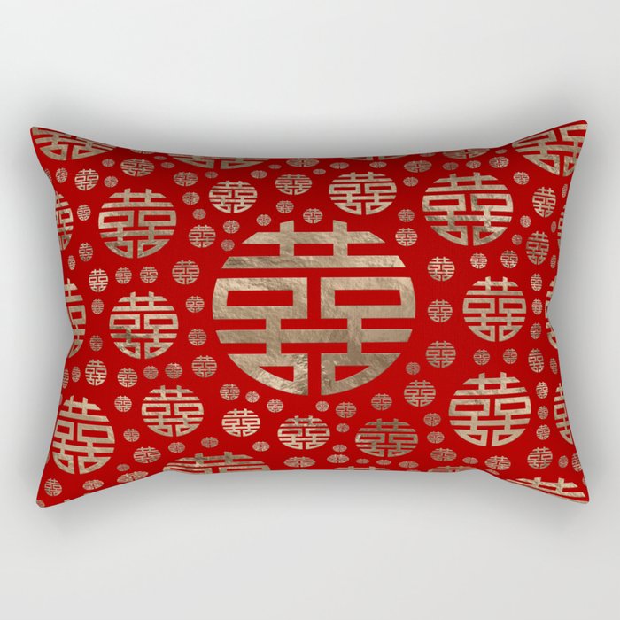 Double Happiness Symbol pattern - Gold on red Rectangular Pillow Gallery Image 1