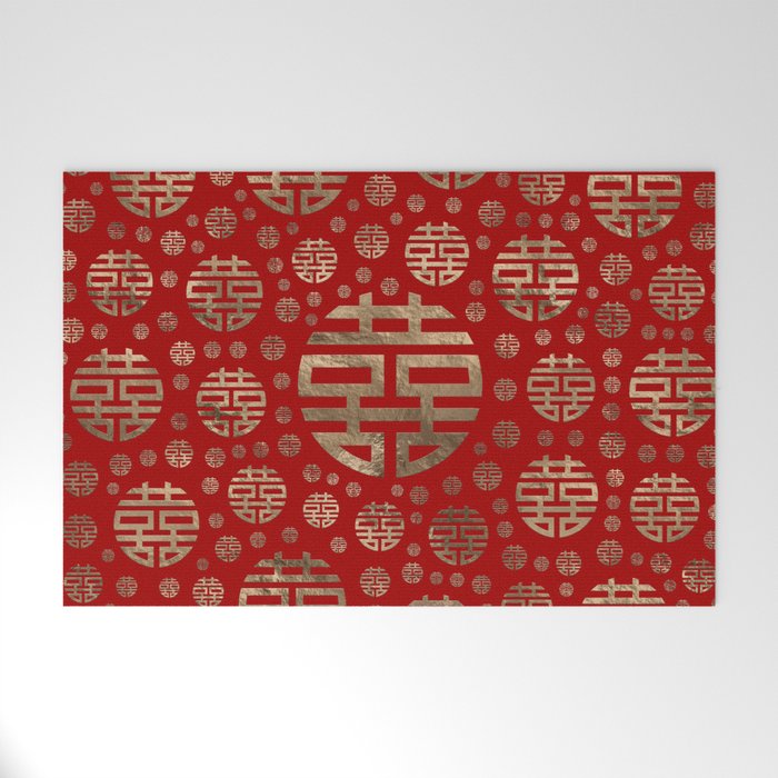 Double Happiness Symbol pattern - Gold on red Welcome Mat Gallery Image 1