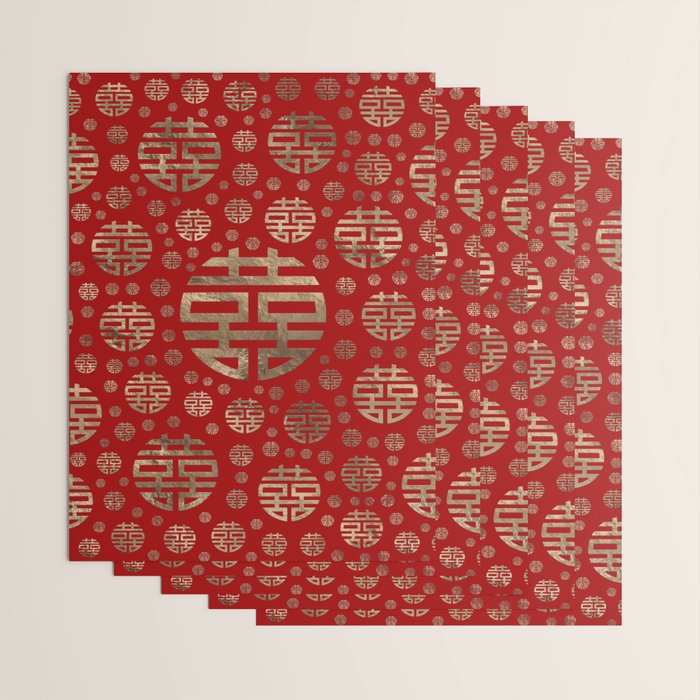 Double Happiness Symbol pattern - Gold on red Wrapping Paper Gallery Image 3