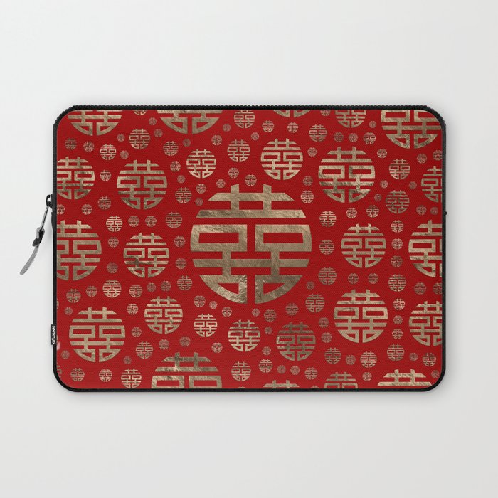 Double Happiness Symbol pattern - Gold on red Laptop Sleeve Gallery Image 1