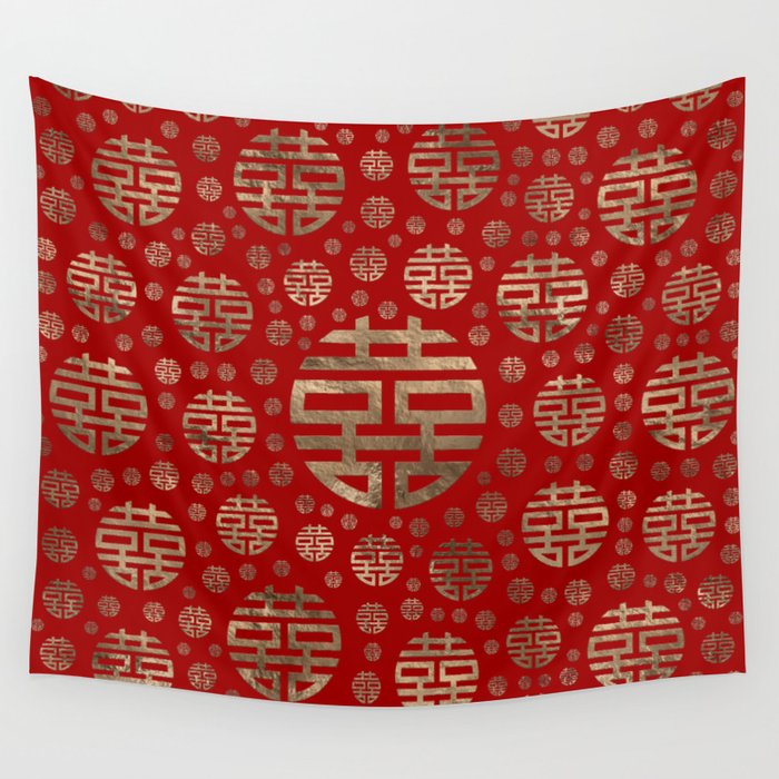 Double Happiness Symbol pattern - Gold on red Wall Tapestry Gallery Image 4