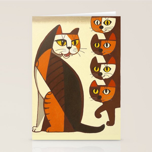 Inagaki Tomoo Vintage Japanese Woodblock print mid century Modern Cubism Art Cats Feline Stationery Card Gallery Image 2