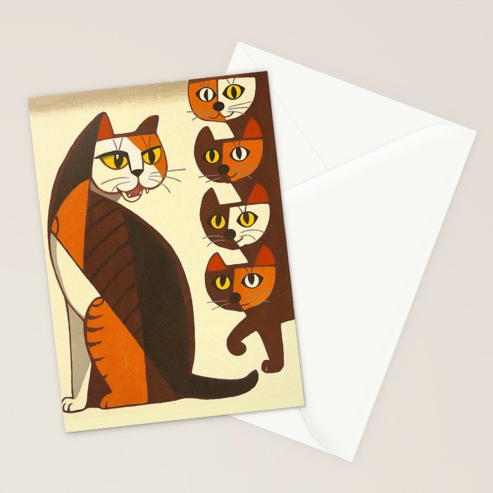 Inagaki Tomoo Vintage Japanese Woodblock print mid century Modern Cubism Art Cats Feline Stationery Card Gallery Image 2