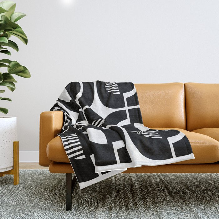 Mid Century Modern Geometric 921 Black and White Throw Blanket Gallery Image 1