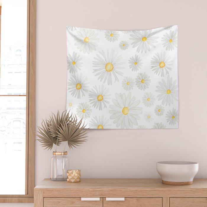 white daisy pattern watercolor Wall Tapestry Gallery Image 2