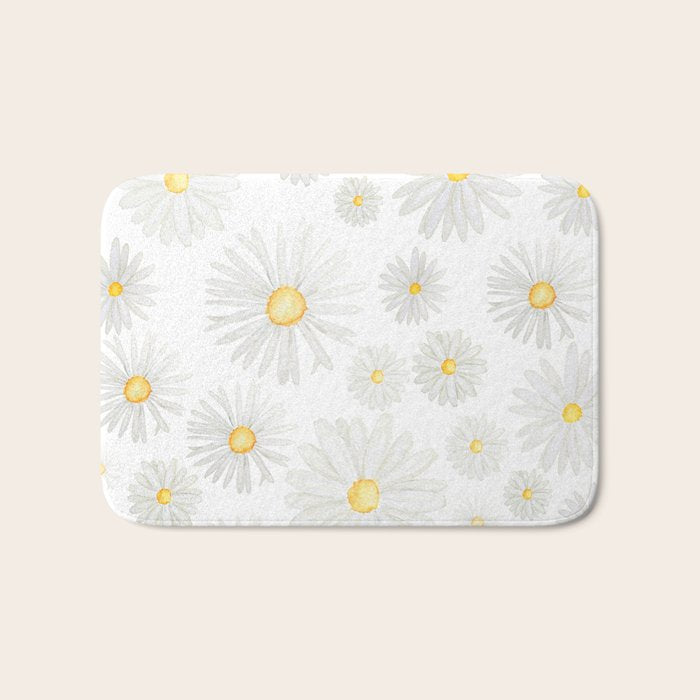 white daisy pattern watercolor Bath Mat Gallery Image 1