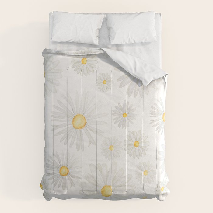 white daisy pattern watercolor Comforter Gallery Image 1