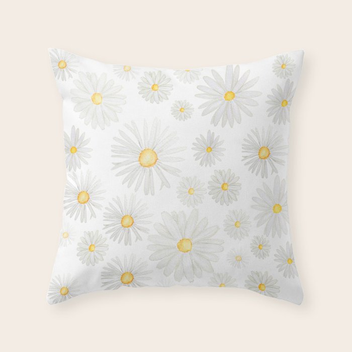 white daisy pattern watercolor Throw Pillow Gallery Image 6