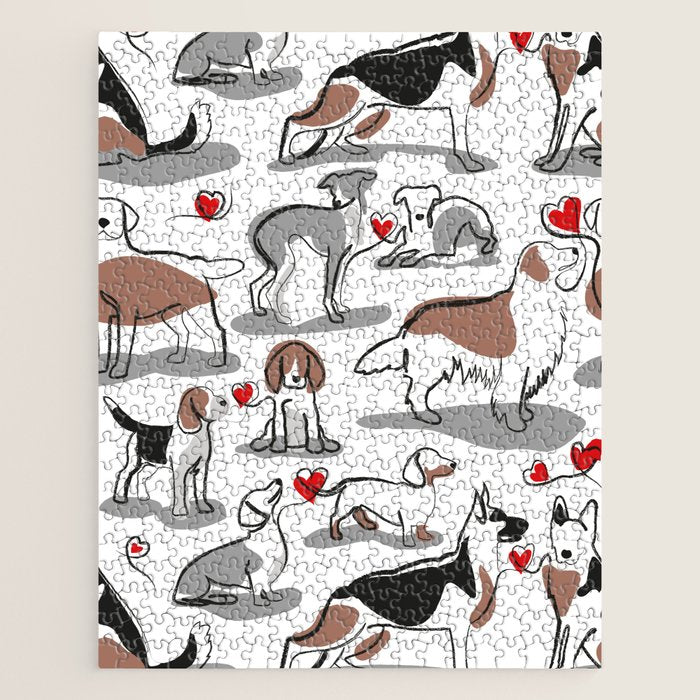 Woof endless love // white background red hearts continuous lined pair of dog breeds Jigsaw Puzzle Gallery Image 1