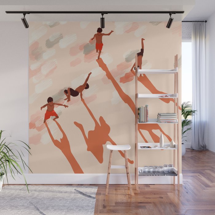 Free Spirits, Children Wild Child Parenthood, Kids Freedom Human Rights Equality, Eclectic Beach Ocean Play Shadows Light Sand Concept Painting Wall Mural Gallery Image 1