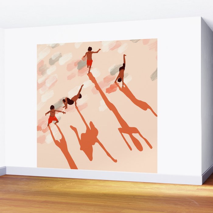 Free Spirits, Children Wild Child Parenthood, Kids Freedom Human Rights Equality, Eclectic Beach Ocean Play Shadows Light Sand Concept Painting Wall Mural Gallery Image 2