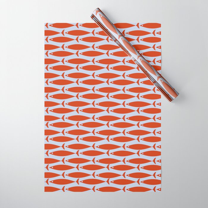 Coastal Fish Retro Pattern in Red Orange and Light Blue Wrapping Paper Gallery Image 1