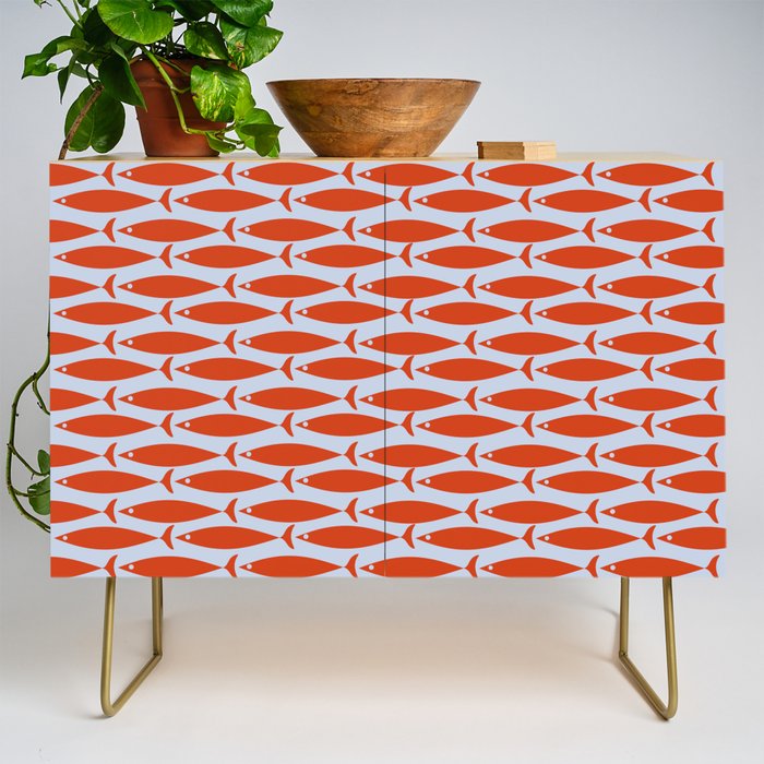 Coastal Fish Retro Pattern in Red Orange and Light Blue Credenza Gallery Image 1