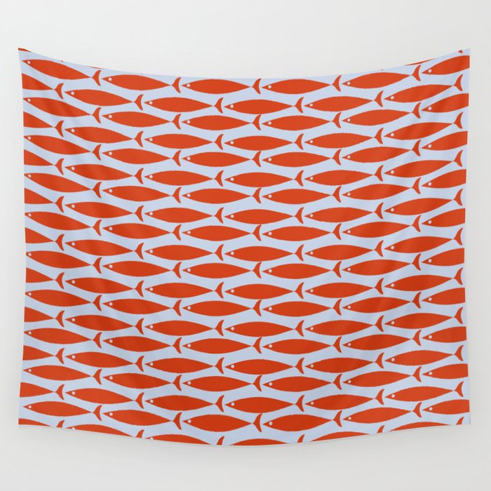 Coastal Fish Retro Pattern in Red Orange and Light Blue Wall Tapestry Gallery Image 4