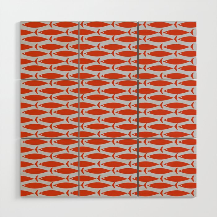 Coastal Fish Retro Pattern in Red Orange and Light Blue Wood Wall Art Gallery Image 1