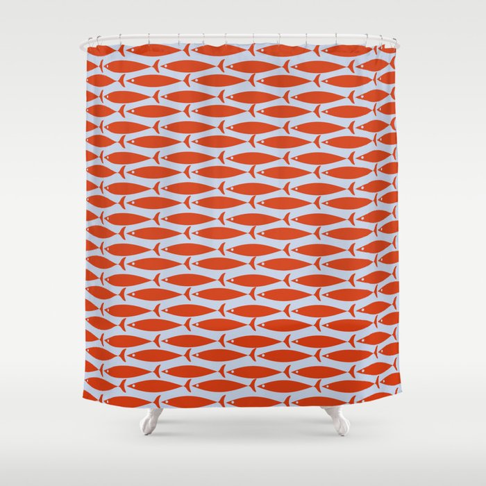 Coastal Fish Retro Pattern in Red Orange and Light Blue Shower Curtain Gallery Image 1