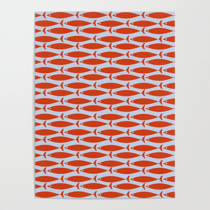 Coastal Fish Retro Pattern in Red Orange and Light Blue Poster Gallery Image 1