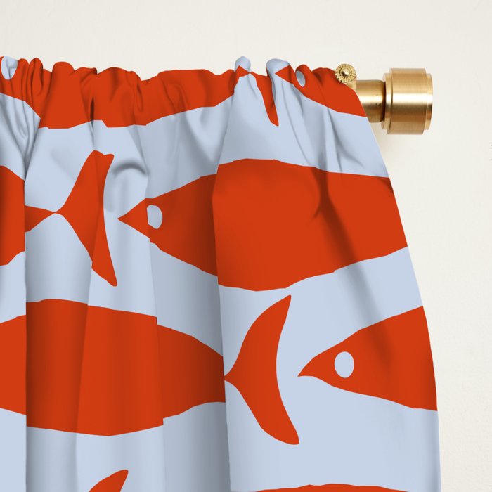 Coastal Fish Retro Pattern in Red Orange and Light Blue Window Curtain Gallery Image 2