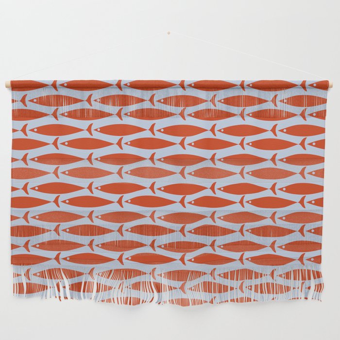 Coastal Fish Retro Pattern in Red Orange and Light Blue Wall Hanging Gallery Image 1