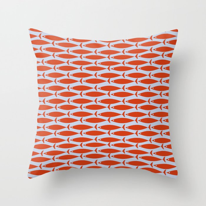 Coastal Fish Retro Pattern in Red Orange and Light Blue Throw Pillow Gallery Image 1