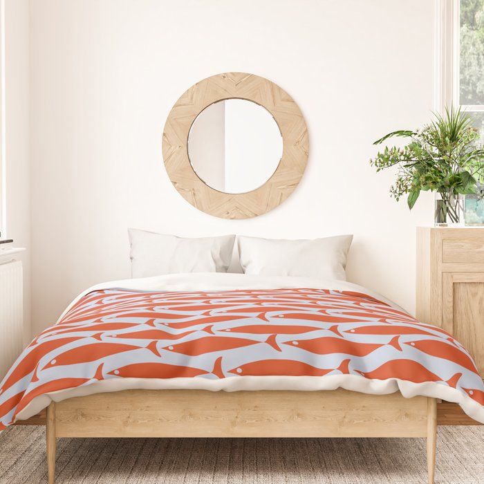 Coastal Fish Retro Pattern in Red Orange and Light Blue Duvet Cover Gallery Image 3