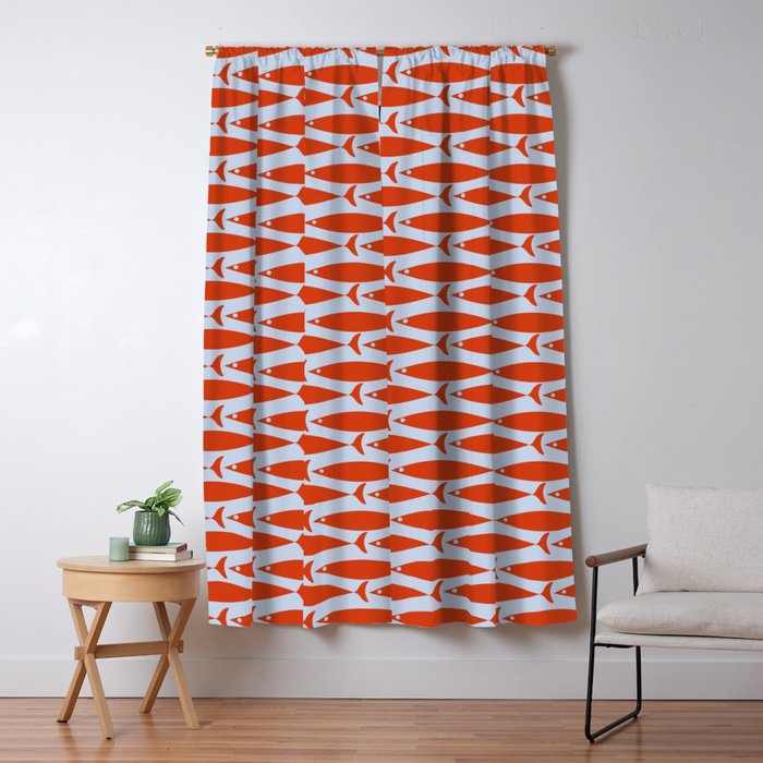 Coastal Fish Retro Pattern in Red Orange and Light Blue Window Curtain Gallery Image 5