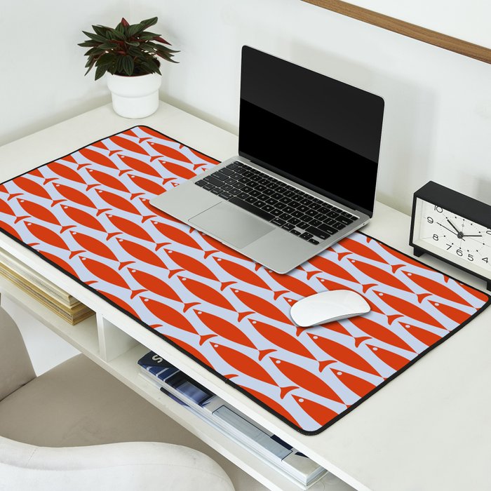 Coastal Fish Retro Pattern in Red Orange and Light Blue Desk Mat Gallery Image 2