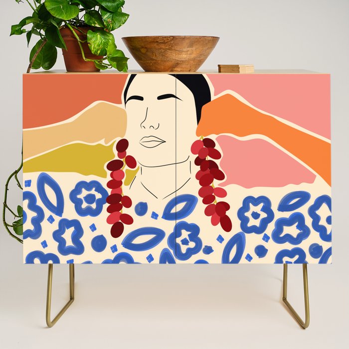 Trends, Bohemian Abstract Matisse Woman, Fashion Grapes Eclectic Illustration, Colorful Boho Contemporary Modern  Credenza Gallery Image 1