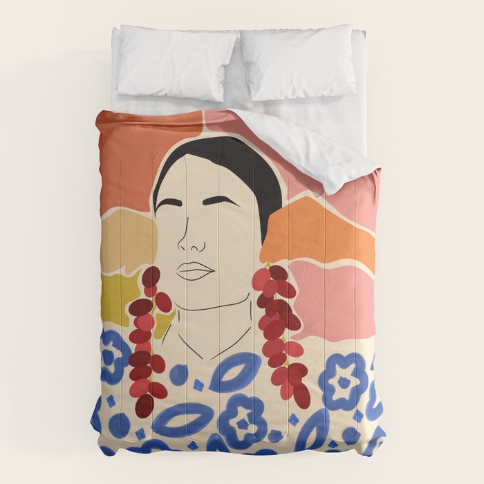 Trends, Bohemian Abstract Matisse Woman, Fashion Grapes Eclectic Illustration, Colorful Boho Contemporary Modern  Comforter Gallery Image 1