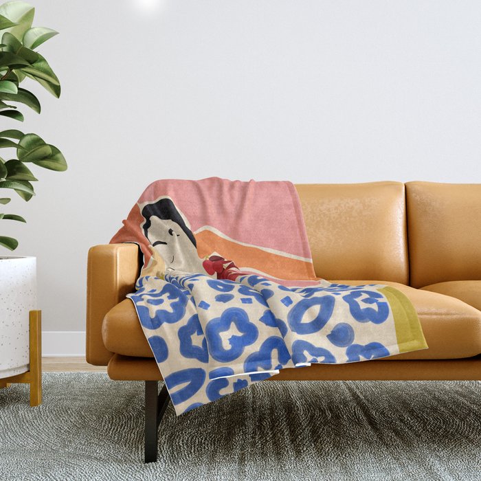Trends, Bohemian Abstract Matisse Woman, Fashion Grapes Eclectic Illustration, Colorful Boho Contemporary Modern  Throw Blanket Gallery Image 1
