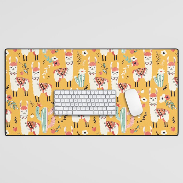 White Llama with flowers Desk Mat Gallery Image 1