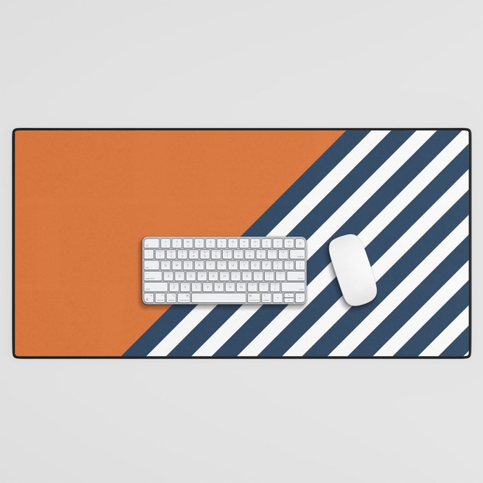 Color Block & Stripes Geometric Print, Orange, Navy and White Desk Mat Gallery Image 1