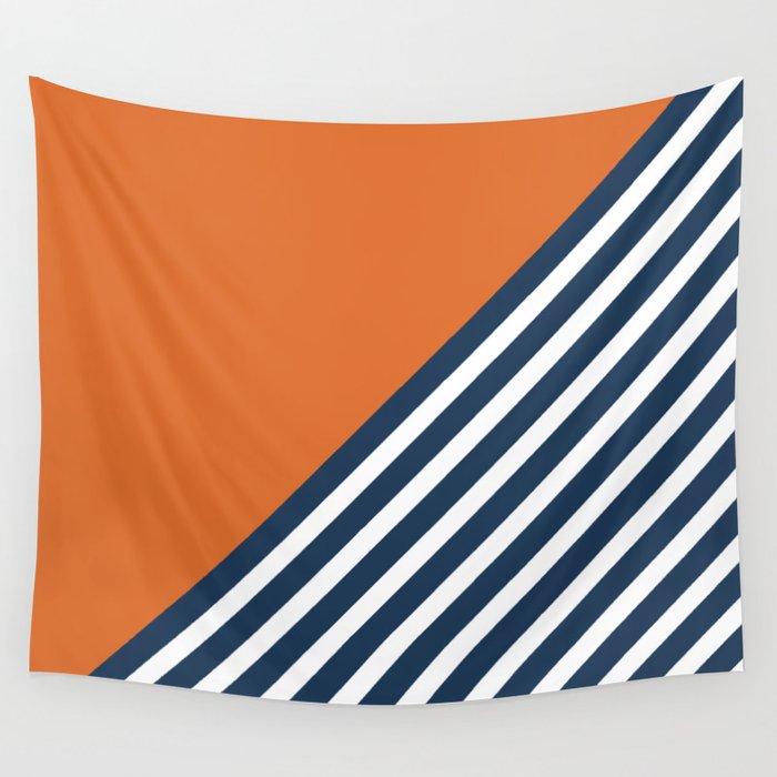 Color Block & Stripes Geometric Print, Orange, Navy and White Wall Tapestry Gallery Image 1