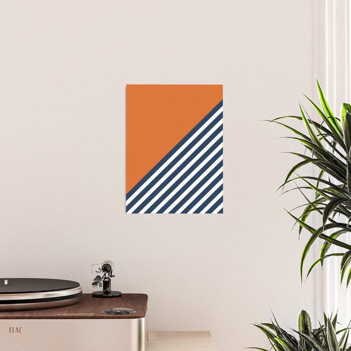 Color Block & Stripes Geometric Print, Orange, Navy and White Poster Gallery Image 2