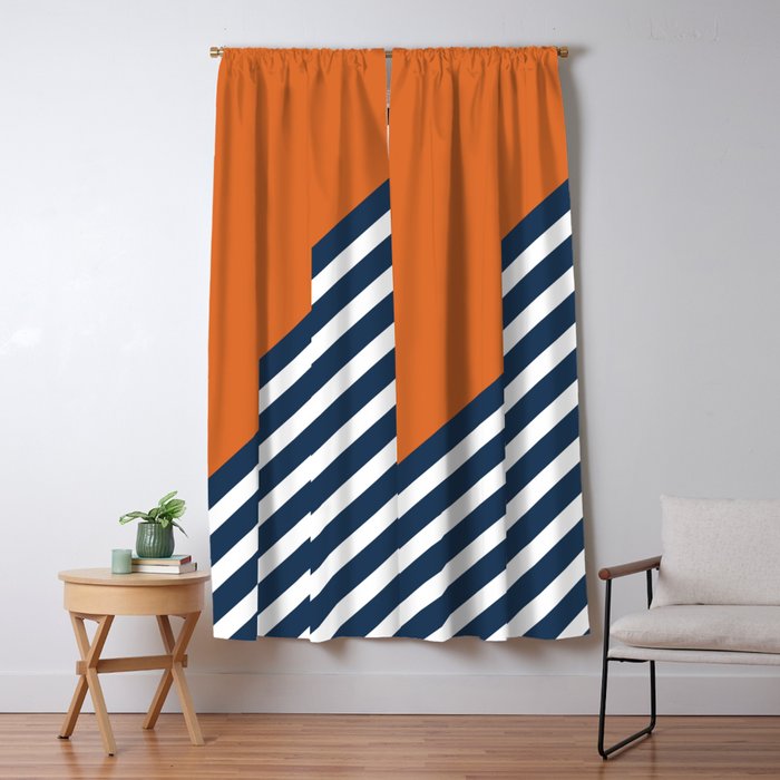 Color Block & Stripes Geometric Print, Orange, Navy and White Window Curtain Gallery Image 1
