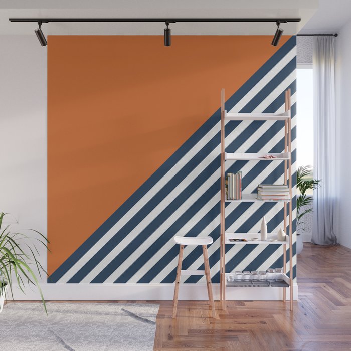Color Block & Stripes Geometric Print, Orange, Navy and White Wall Mural Gallery Image 1