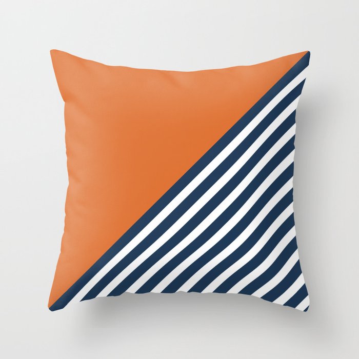 Color Block & Stripes Geometric Print, Orange, Navy and White Throw Pillow Gallery Image 1