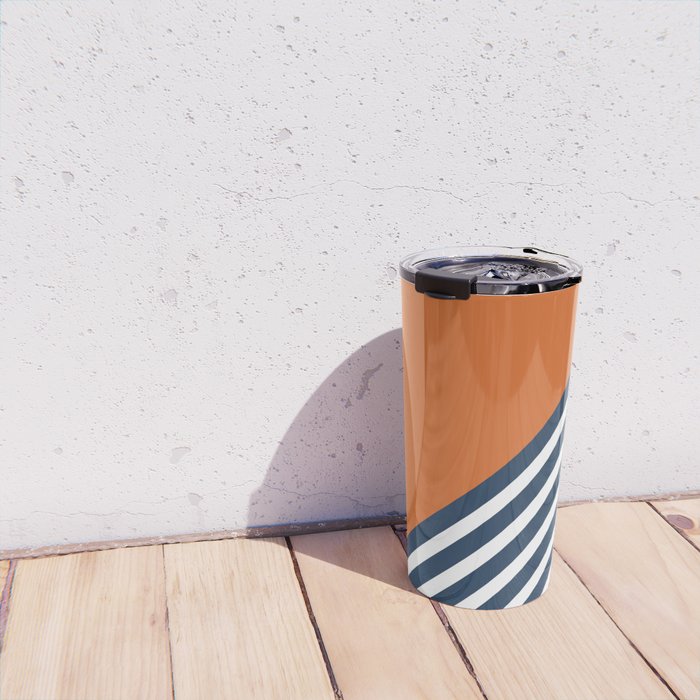 Color Block & Stripes Geometric Print, Orange, Navy and White Travel Mug Gallery Image 4