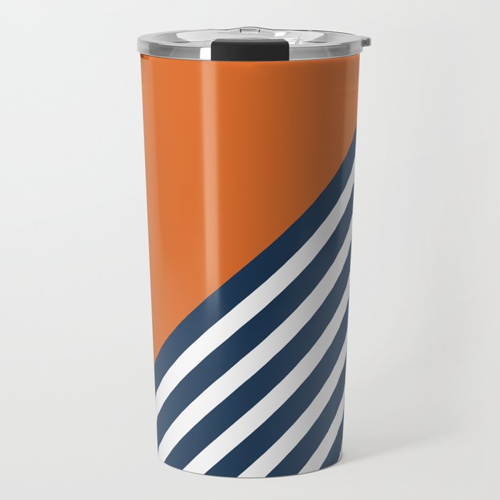 Color Block & Stripes Geometric Print, Orange, Navy and White Travel Mug Gallery Image 1