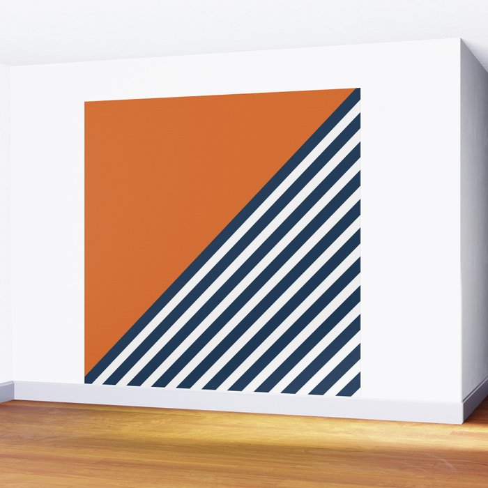 Color Block & Stripes Geometric Print, Orange, Navy and White Wall Mural Gallery Image 2