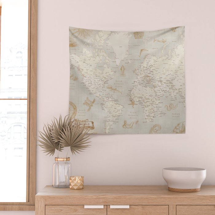 Vintage looking current world map with sea monsters and sail ships Wall Tapestry Gallery Image 2