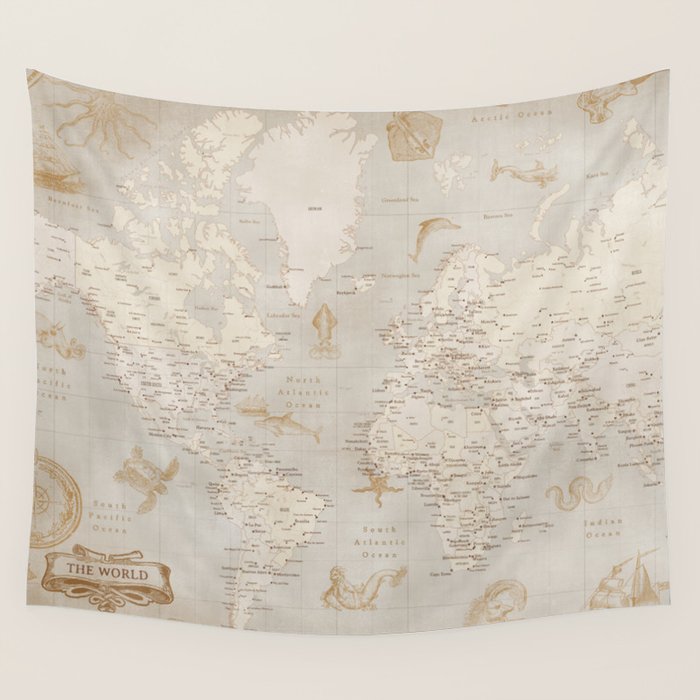 Vintage looking current world map with sea monsters and sail ships Wall Tapestry Gallery Image 4