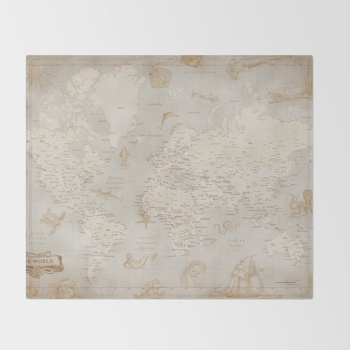 Vintage looking current world map with sea monsters and sail ships Throw Blanket Gallery Image 2